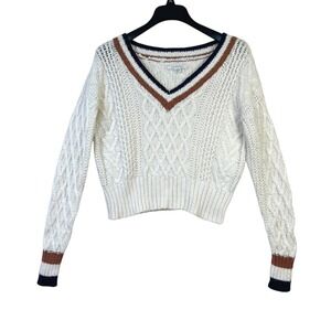American Eagle Cream Cable Knit Preppy Cricket Cropped Sweater V Neck Women S